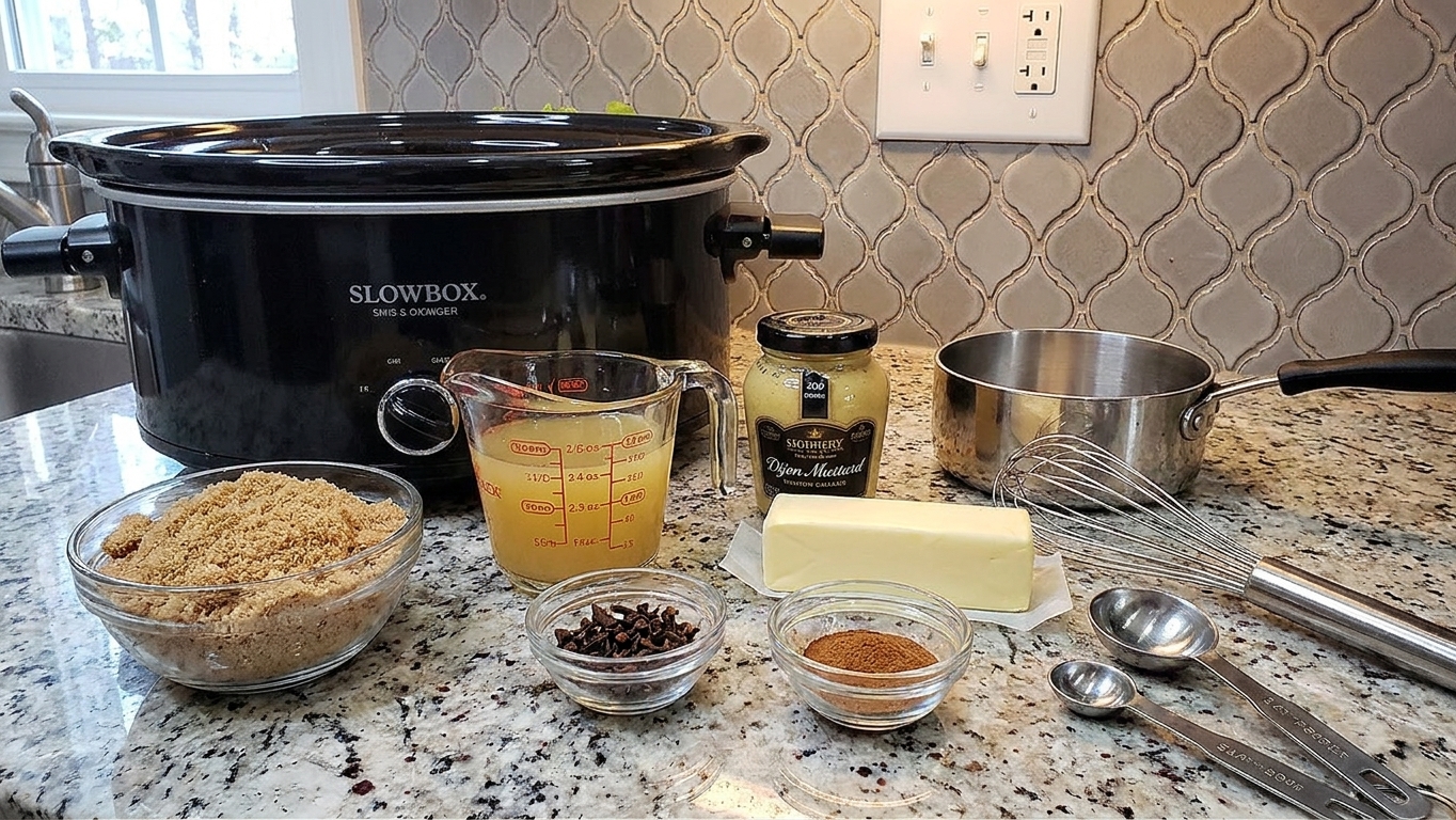Brown sugar, pineapple juice, Dijon mustard, butter, and spices measured on a kitchen counter next to a slow cooker