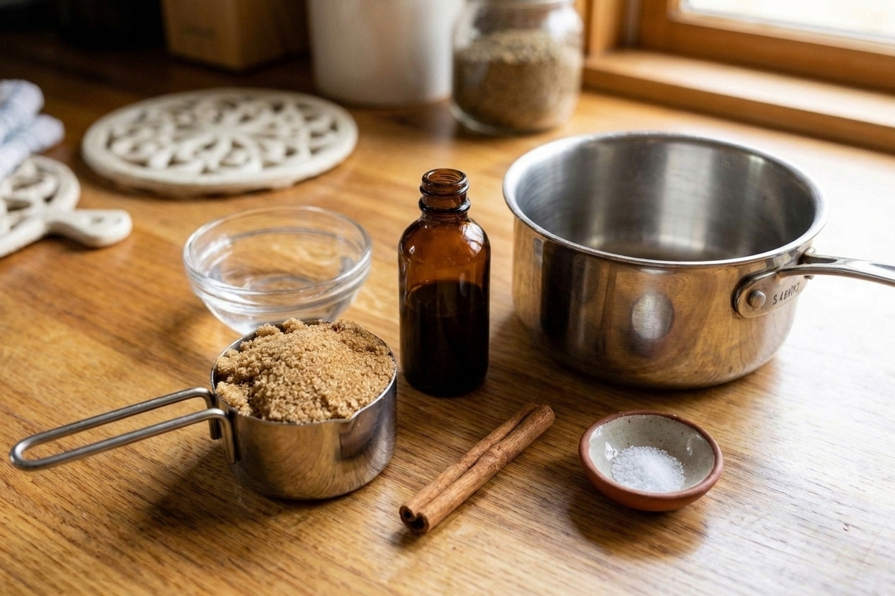 Brown sugar, water, vanilla extract, cinnamon stick, and a pinch of salt arranged on a clean kitchen counter with a small saucepan nearby