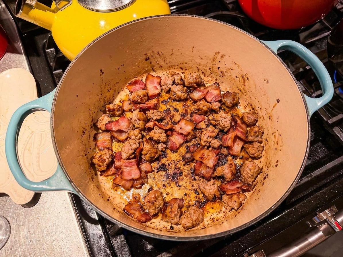 Browned bacon pieces and crumbled Italian sausage in a Dutch oven with browned bits on the bottom