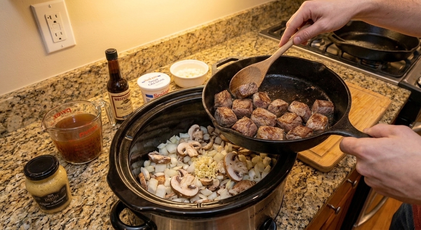 Browned beef chunks being added into a slow cooker insert, ready for the remaining ingredients