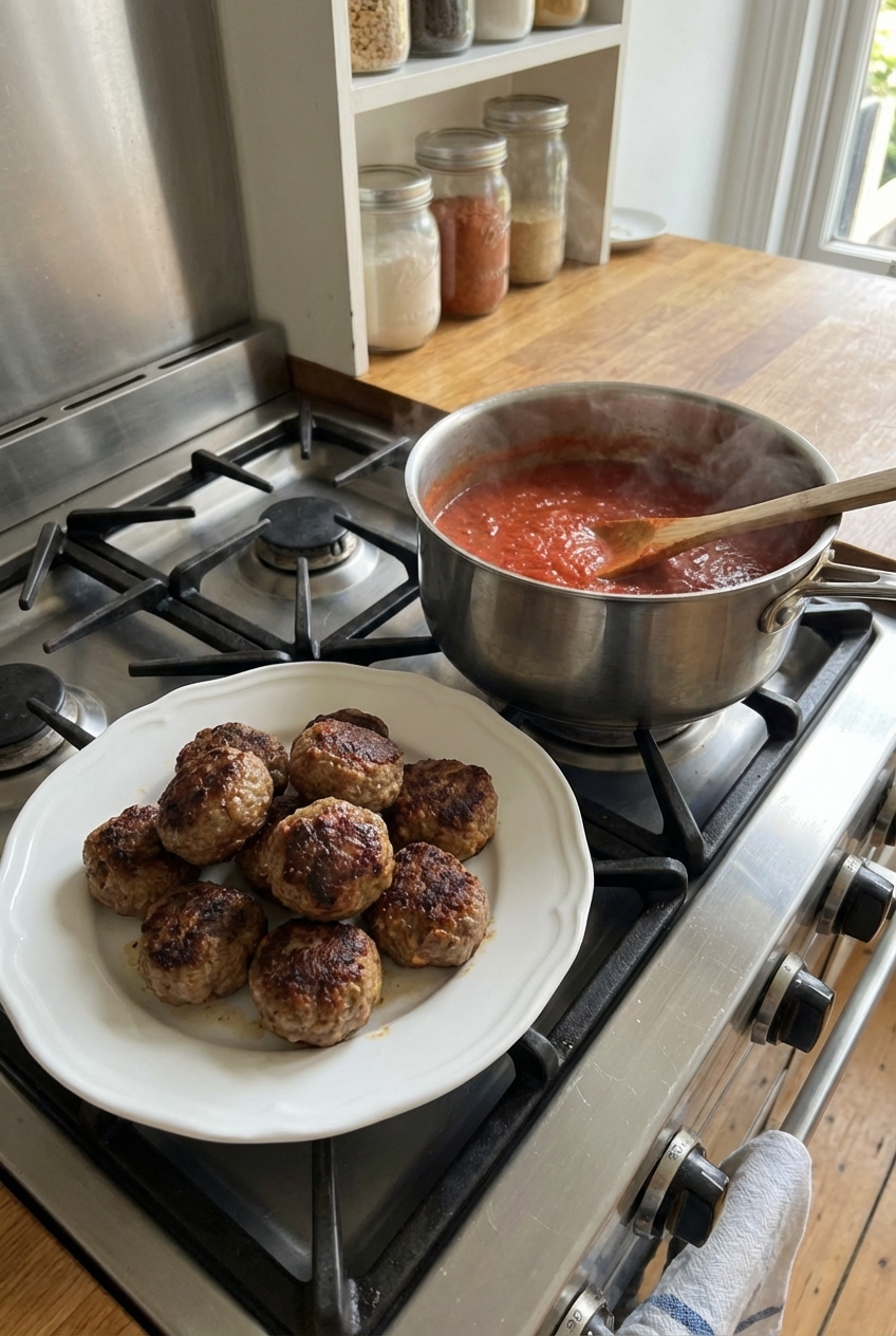 Browned meatballs on a plate next to a pot of tomato sauce on the stove