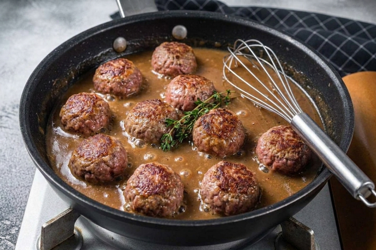 Browned meatballs simmering in a smooth brown gravy in a skillet with a whisk resting on the side