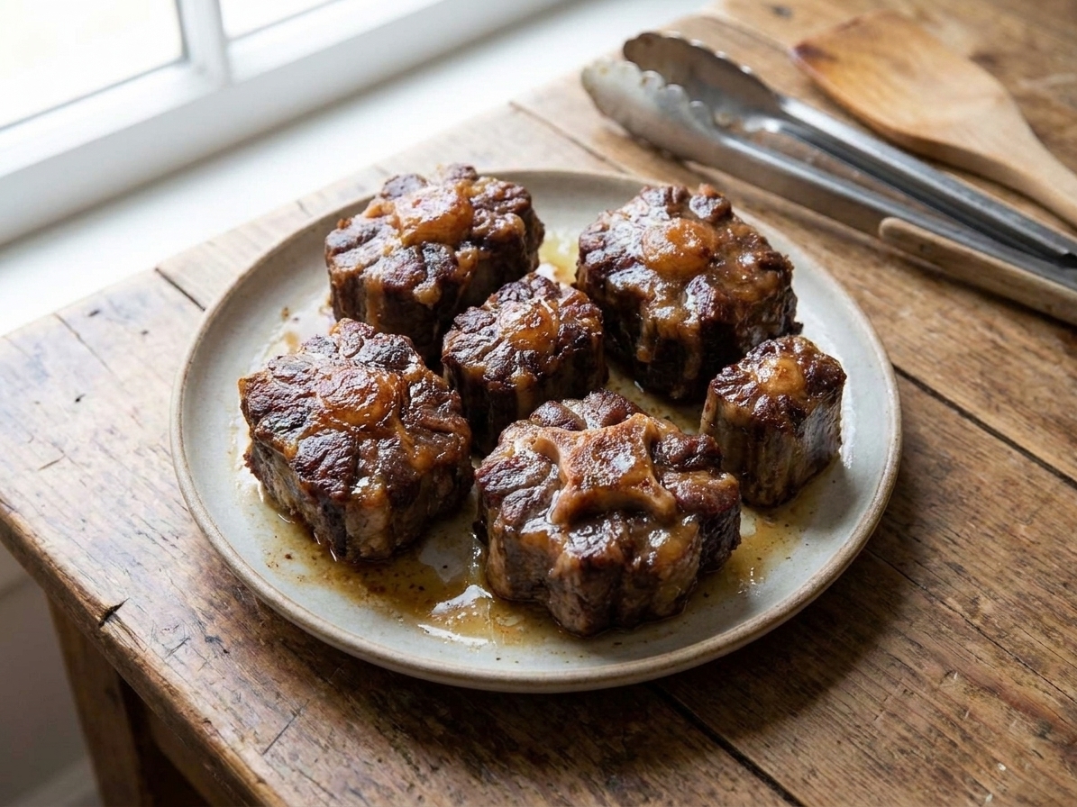 Browned oxtail pieces resting on a plate after searing, with caramelized edges and a glossy surface