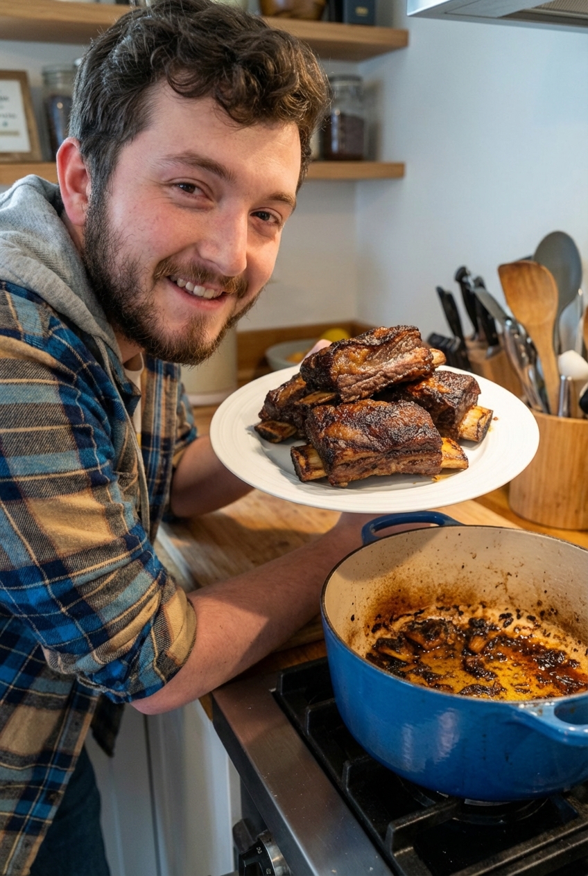 Browned short ribs resting on a plate next to a Dutch oven with browned bits in the bottom
