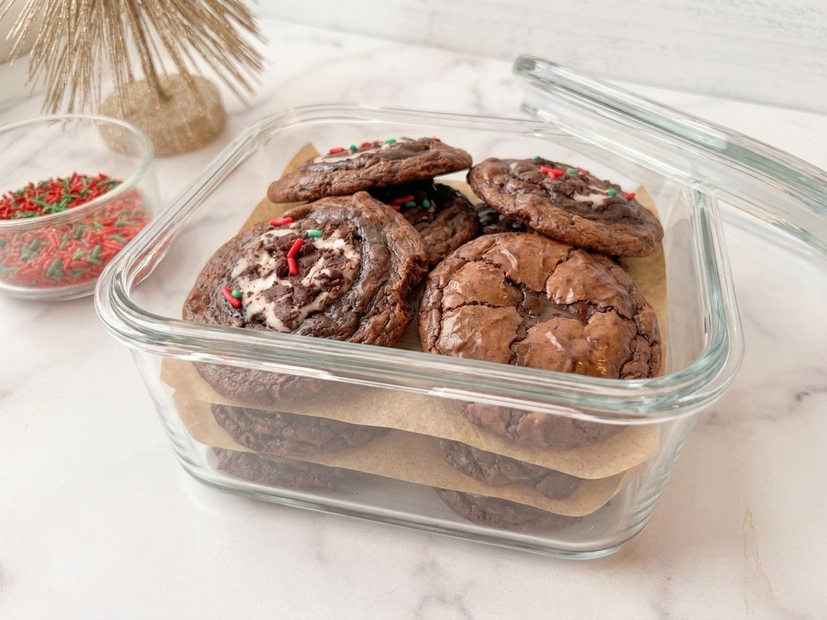 Brownie cookies stored in an airtight glass container with parchment between layers