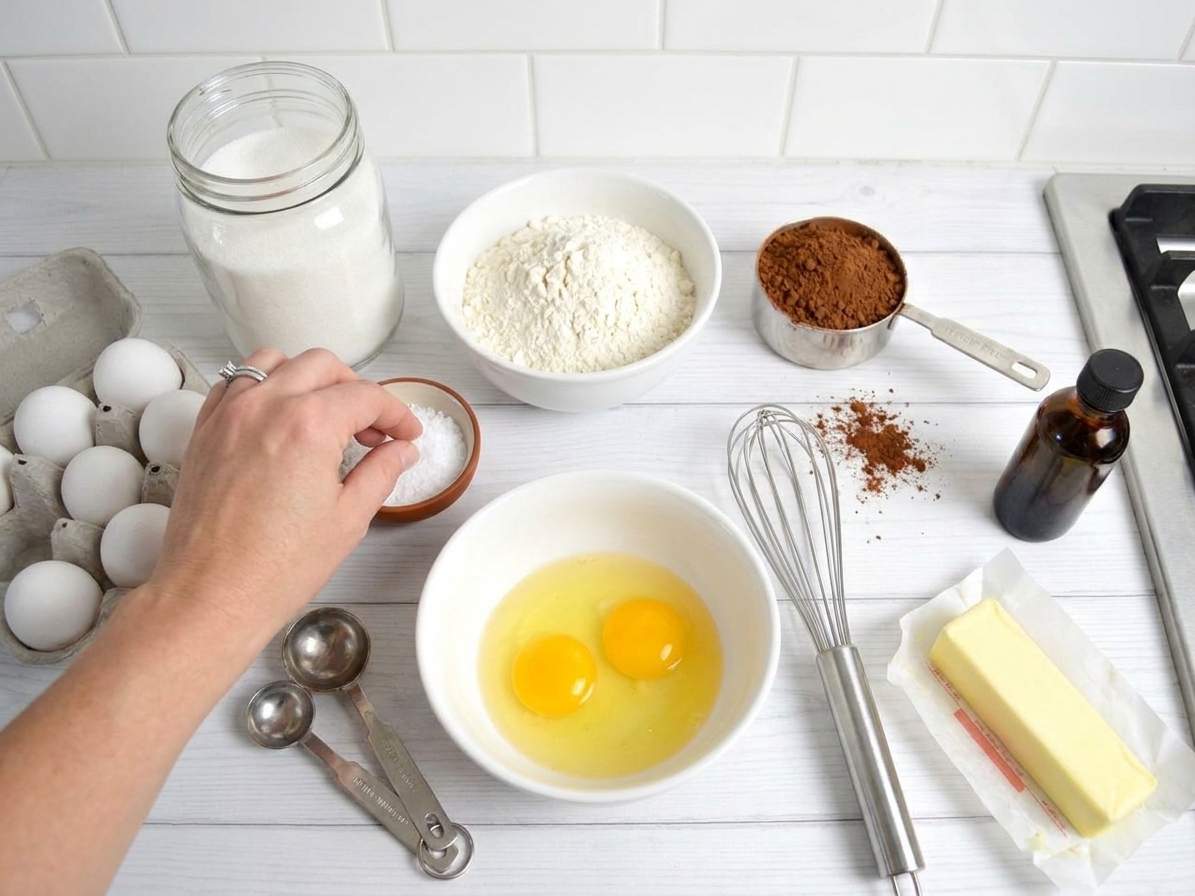 Brownie ingredients arranged on a kitchen counter including cocoa powder, flour, sugar, eggs, butter, vanilla, and salt