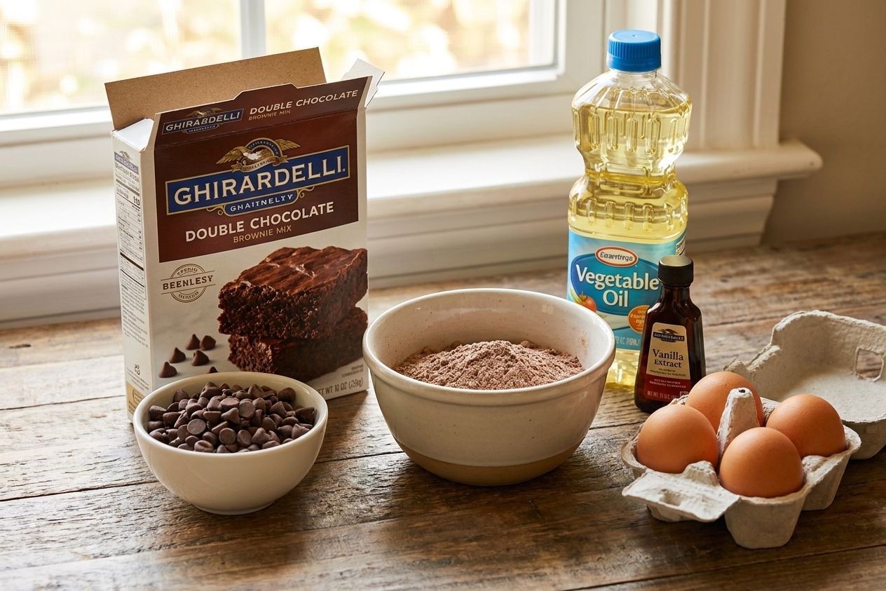 Brownie mix, eggs, oil, vanilla, and chocolate chips arranged on a tidy kitchen counter with warm natural light