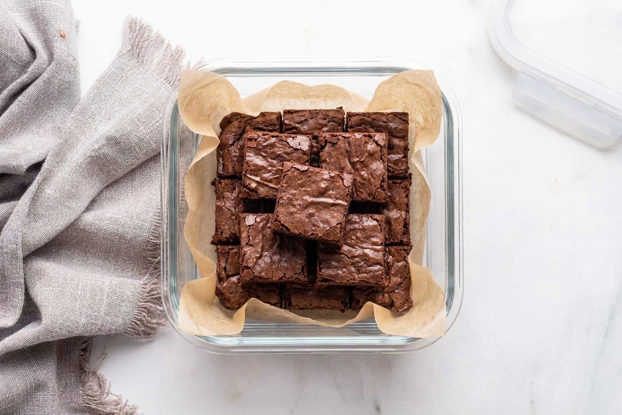 Brownie squares stacked in an airtight container lined with parchment paper on a kitchen counter