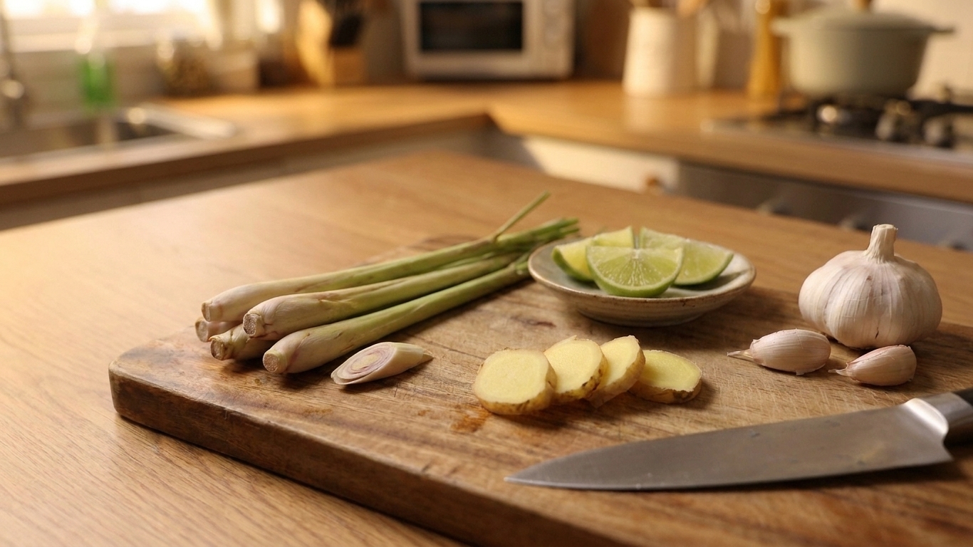 Bruised lemongrass pieces and sliced ginger on a cutting board next to limes and garlic