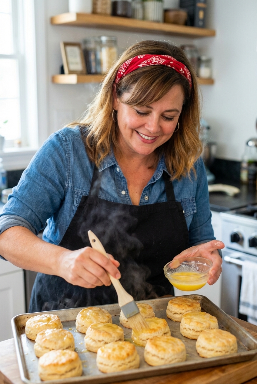 Brushing melted butter over warm, golden biscuits on a baking sheet