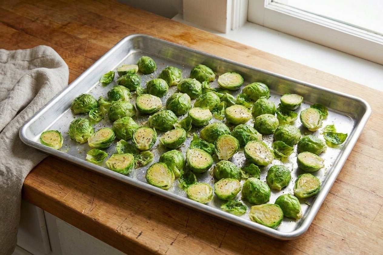 Brussels sprouts arranged cut side down in a single layer on a rimmed sheet pan, ready to roast
