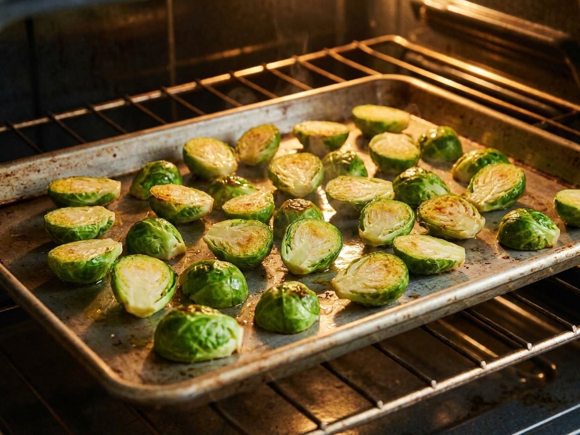 Brussels sprouts arranged cut-side down on a hot sheet pan in an oven, beginning to brown around the edges