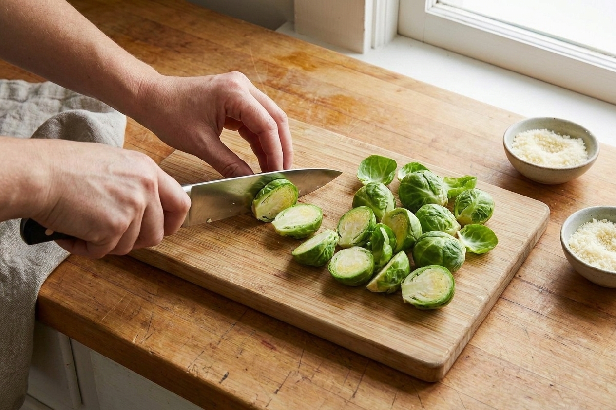 Brussels sprouts being sliced in half on a cutting board with a chef’s knife