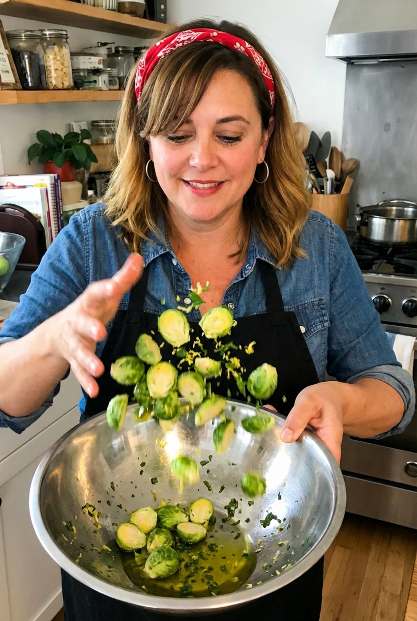 Brussels sprouts being tossed in a mixing bowl with olive oil, chopped herbs, and lemon zest