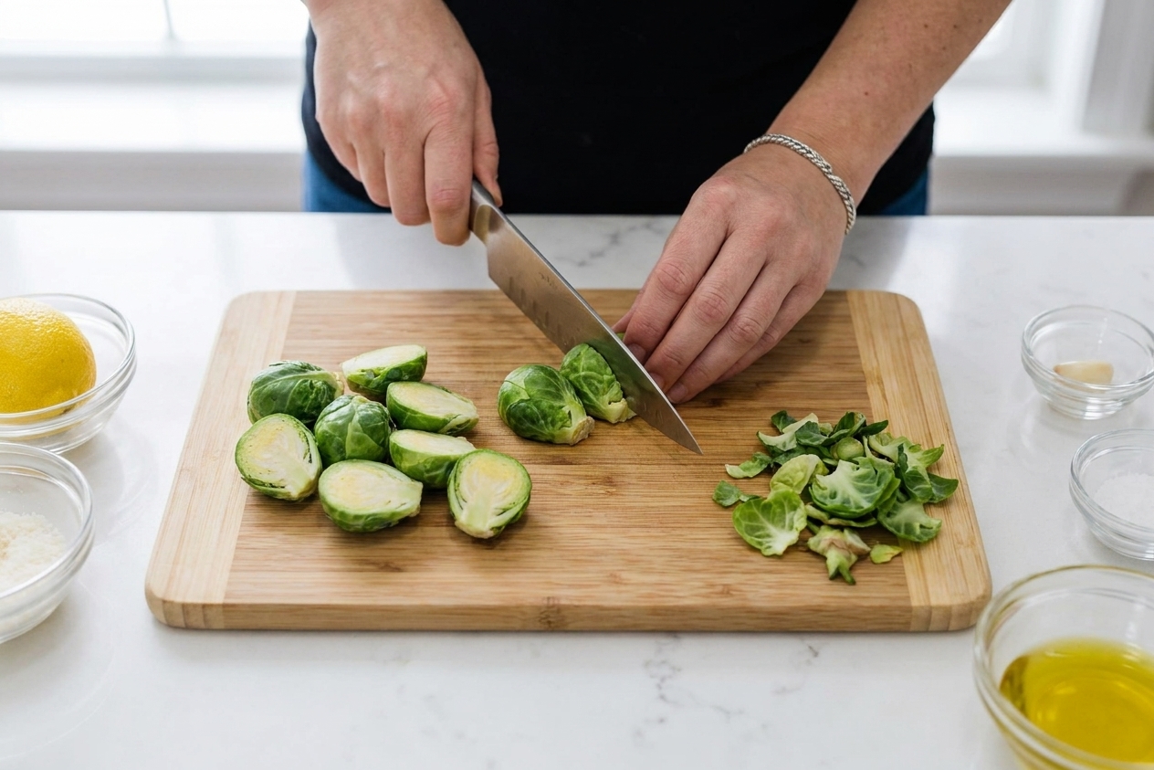 Brussels sprouts being trimmed and halved on a wooden cutting board with a chef’s knife, hands in frame