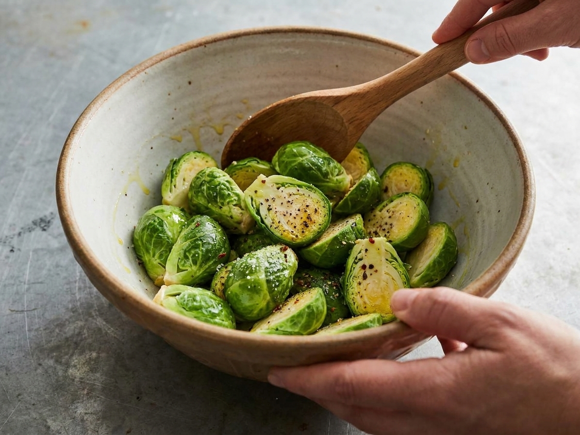 Brussels sprouts in a large mixing bowl being tossed with olive oil and seasonings using a wooden spoon on a home kitchen counter