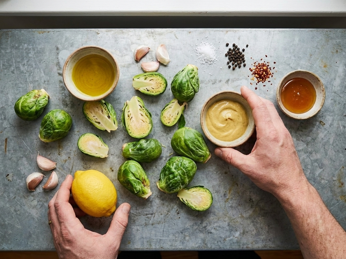 Brussels sprouts, olive oil, Dijon mustard, honey, lemon, garlic, salt, pepper, and red pepper flakes arranged on a clean kitchen counter in natural light