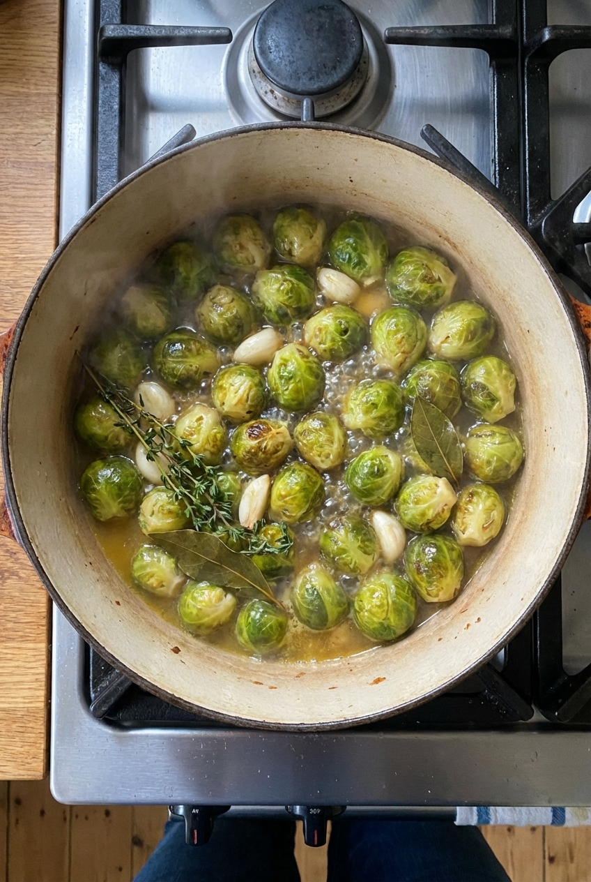 Brussels sprouts simmering in a pot with garlic cloves and a small amount of broth, captured from above