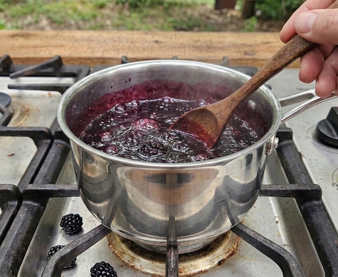 Bubbling blackberry jam being stirred in a saucepan with a wooden spoon on a stovetop