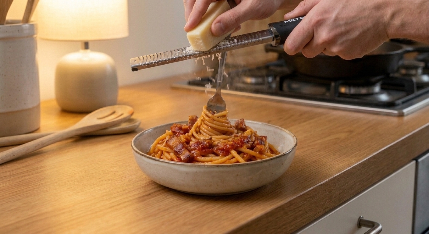 Bucatini all’amatriciana being twirled into a shallow bowl, with Pecorino Romano grated over the top in a cozy kitchen setting