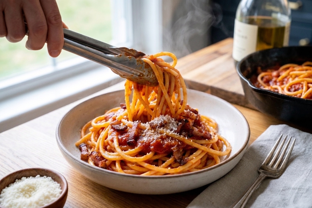 Bucatini all’amatriciana being twirled with tongs into a warm serving bowl, with crisp guanciale and grated pecorino visible on top