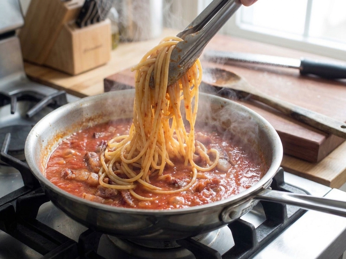 Bucatini being tossed in a skillet of bright red all’amatriciana sauce with guanciale pieces, steam rising as tongs lift the pasta
