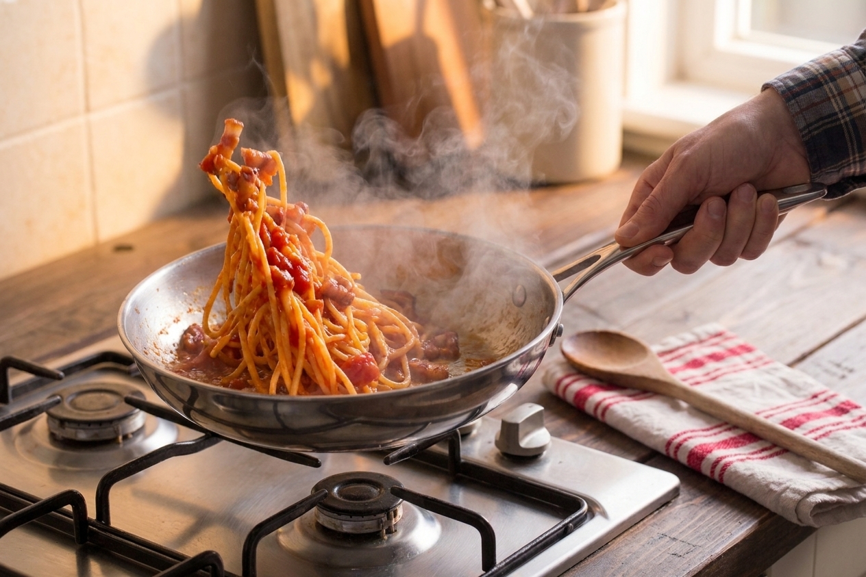 Bucatini being tossed in a skillet of bright red tomato sauce with crisp guanciale, steam rising from the pan