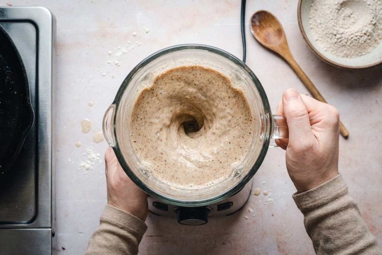 Buckwheat crêpe batter being blended in a countertop blender on a bright kitchen counter