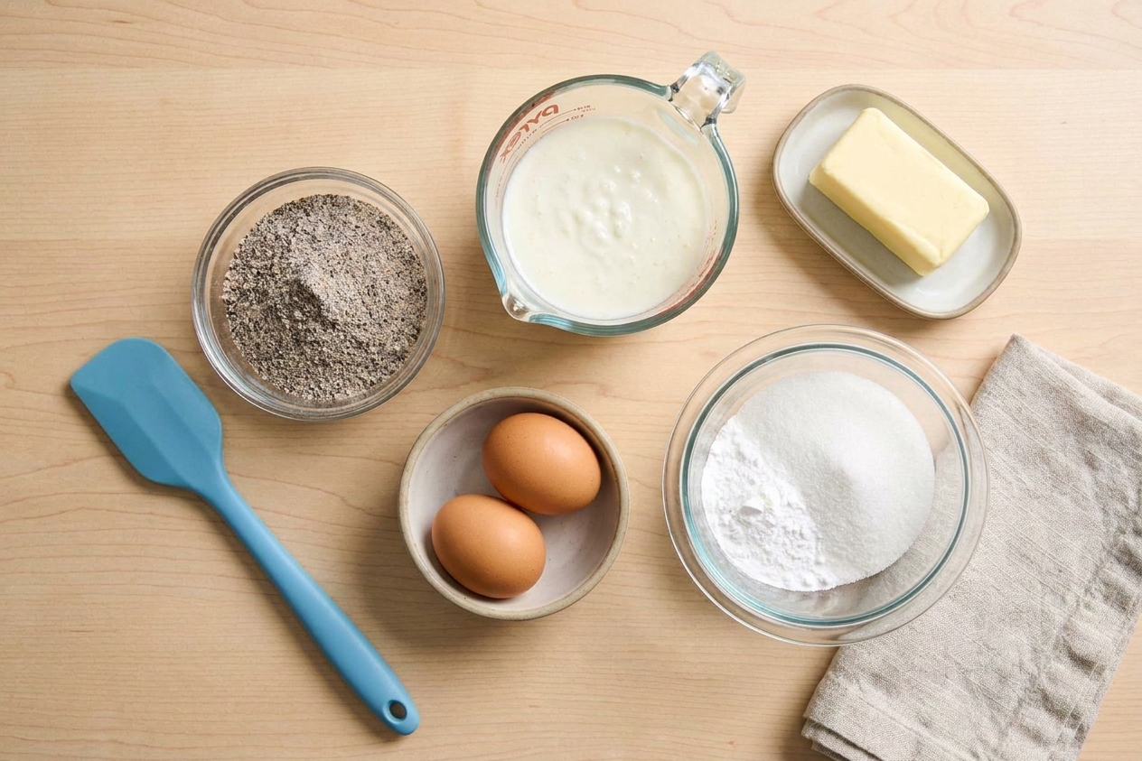 Buckwheat flour, buttermilk, eggs, butter, and a bowl of sugar and baking powder arranged on a clean kitchen counter in natural light