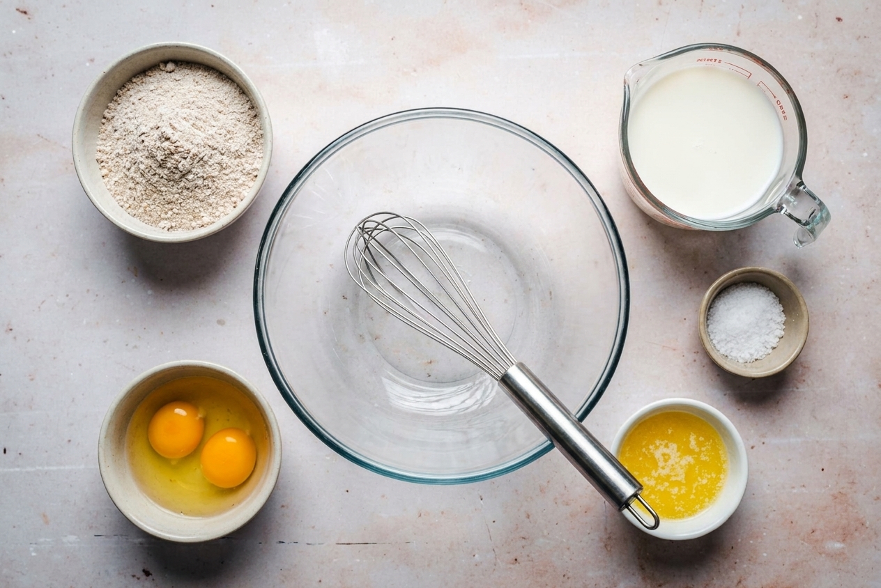 Buckwheat flour, eggs, milk, salt, and melted butter measured out on a light stone kitchen counter with a mixing bowl and whisk ready to go