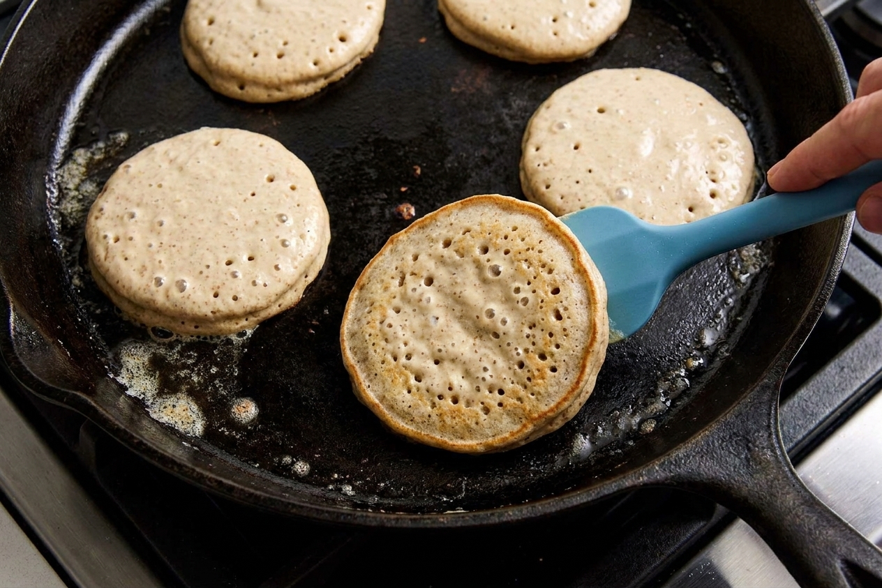 Buckwheat pancake rounds cooking on a dark skillet with bubbles forming on the surface, photographed in warm kitchen light
