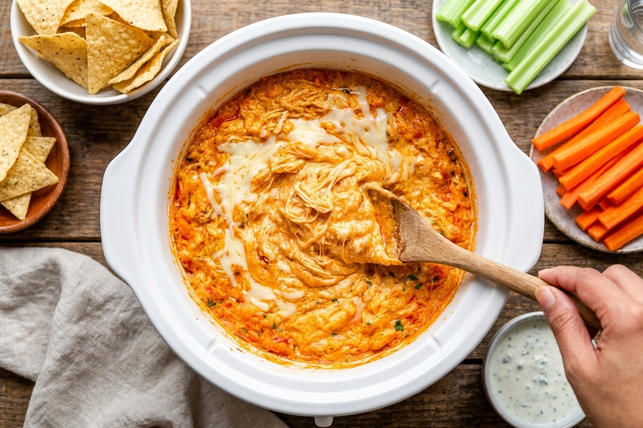 Buffalo chicken dip being stirred in a slow cooker with melted cheese on top, set on a kitchen counter
