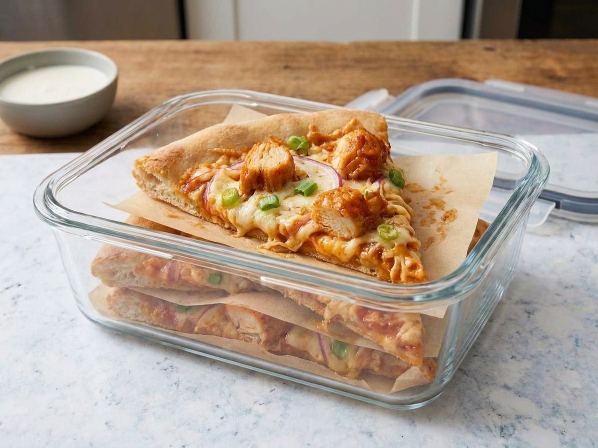 Buffalo chicken pizza slices stacked in a glass airtight container with parchment paper between slices on a kitchen counter
