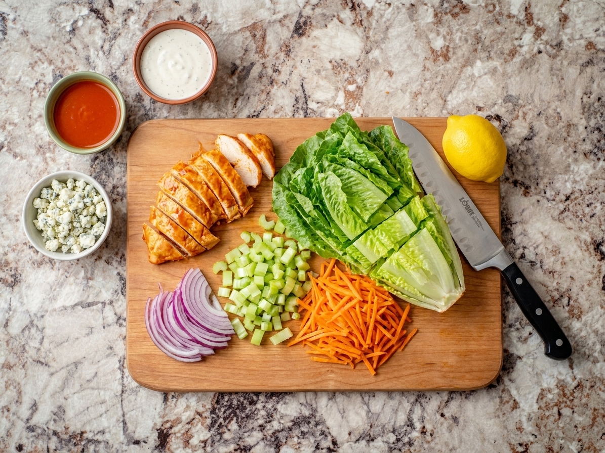 Buffalo chicken salad ingredients on a kitchen counter including cooked chicken, romaine, celery, carrots, red onion, hot sauce, ranch dressing, blue cheese, and a lemon