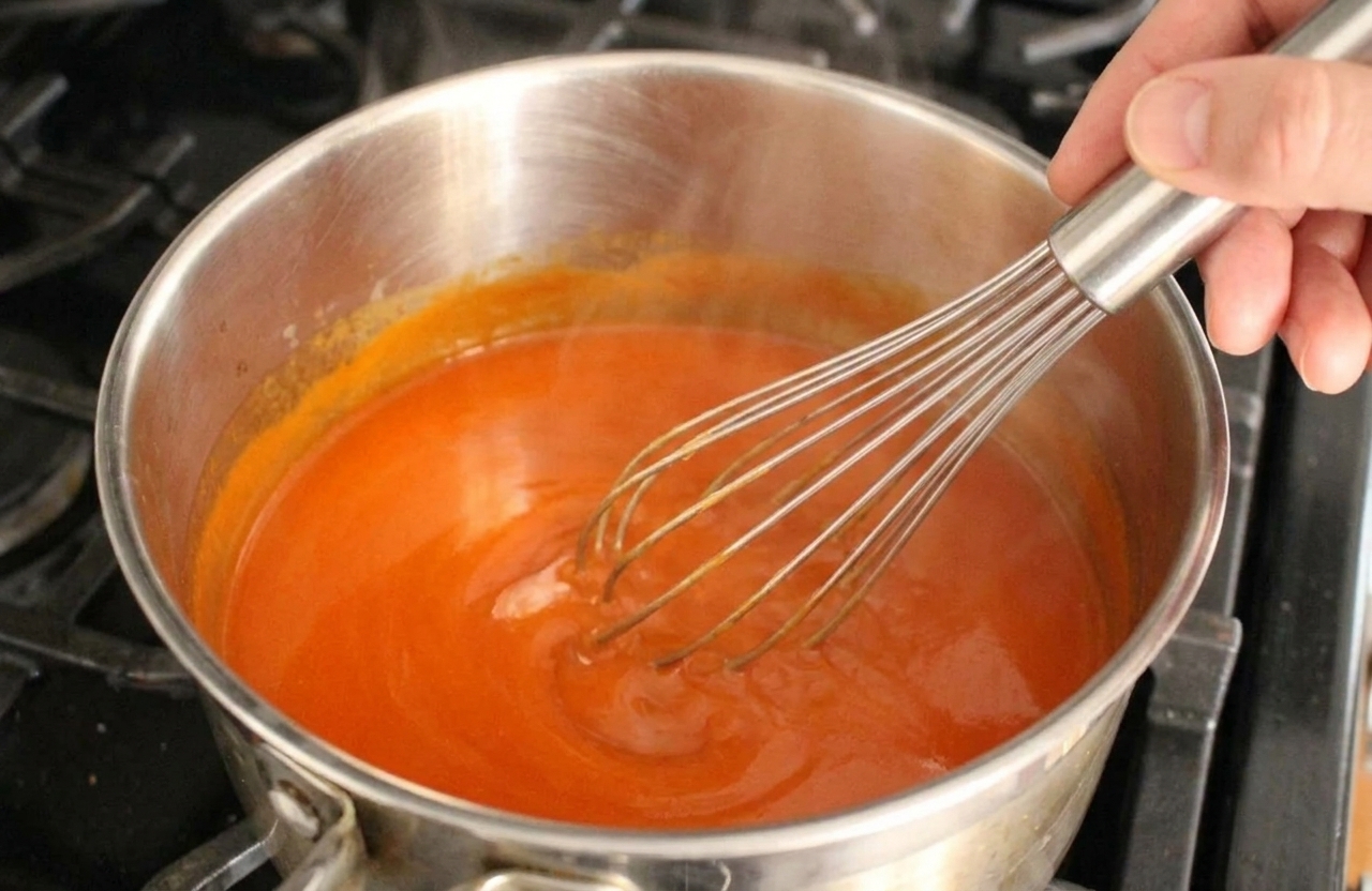 Buffalo chicken sauce being whisked smooth in a small saucepan on the stovetop