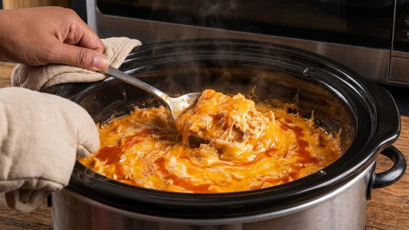 Buffalo chicken wing dip being stirred inside a slow cooker with melted cheese and visible shredded chicken