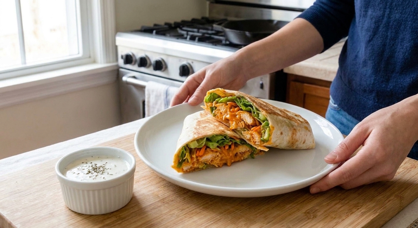 Buffalo chicken wrap cut in half showing saucy chicken, lettuce, and shredded carrots on a plate with a small ramekin of ranch