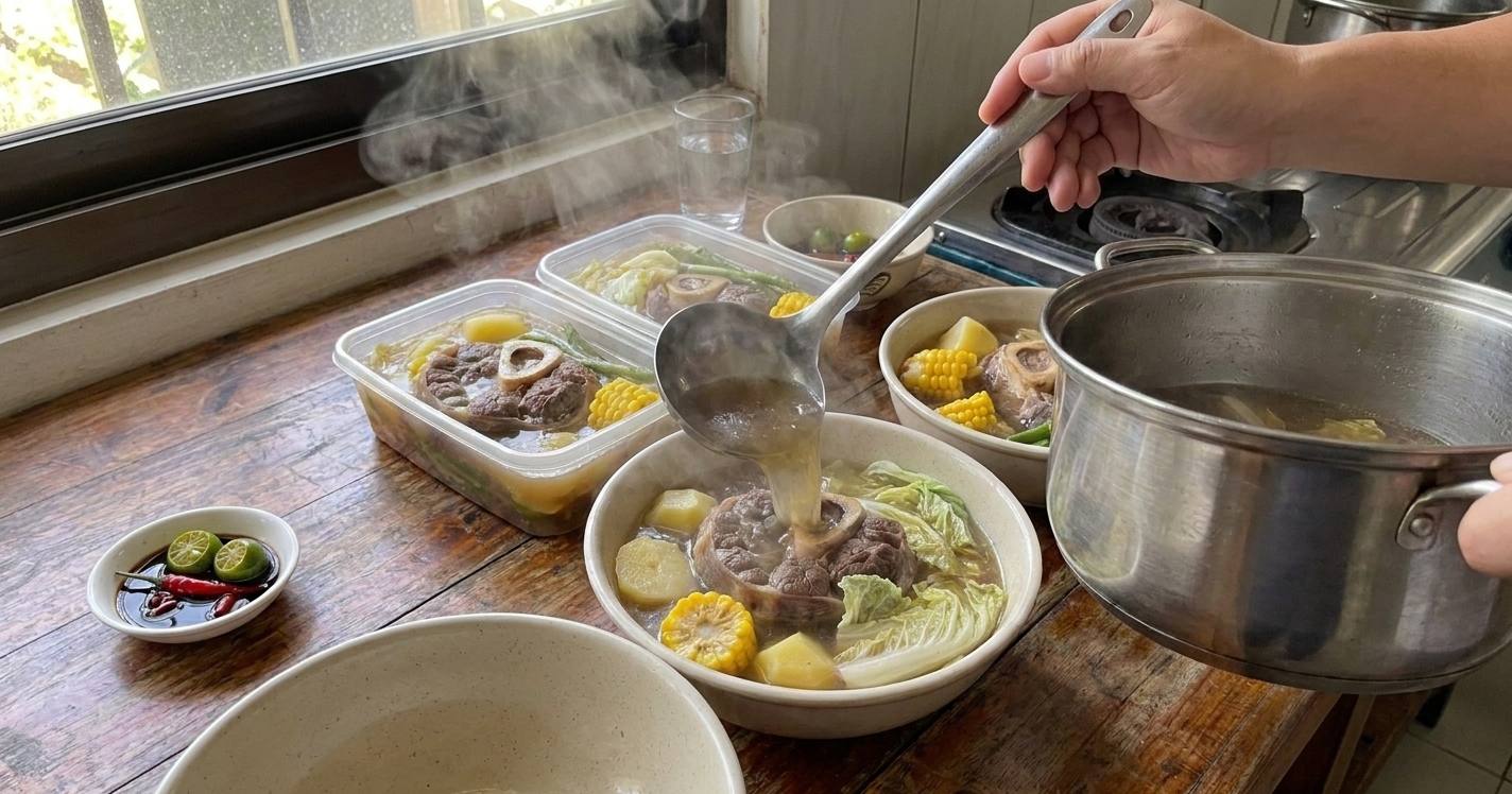Bulalo being ladled from a pot into bowls on a kitchen counter, with steam rising and corn and cabbage visible