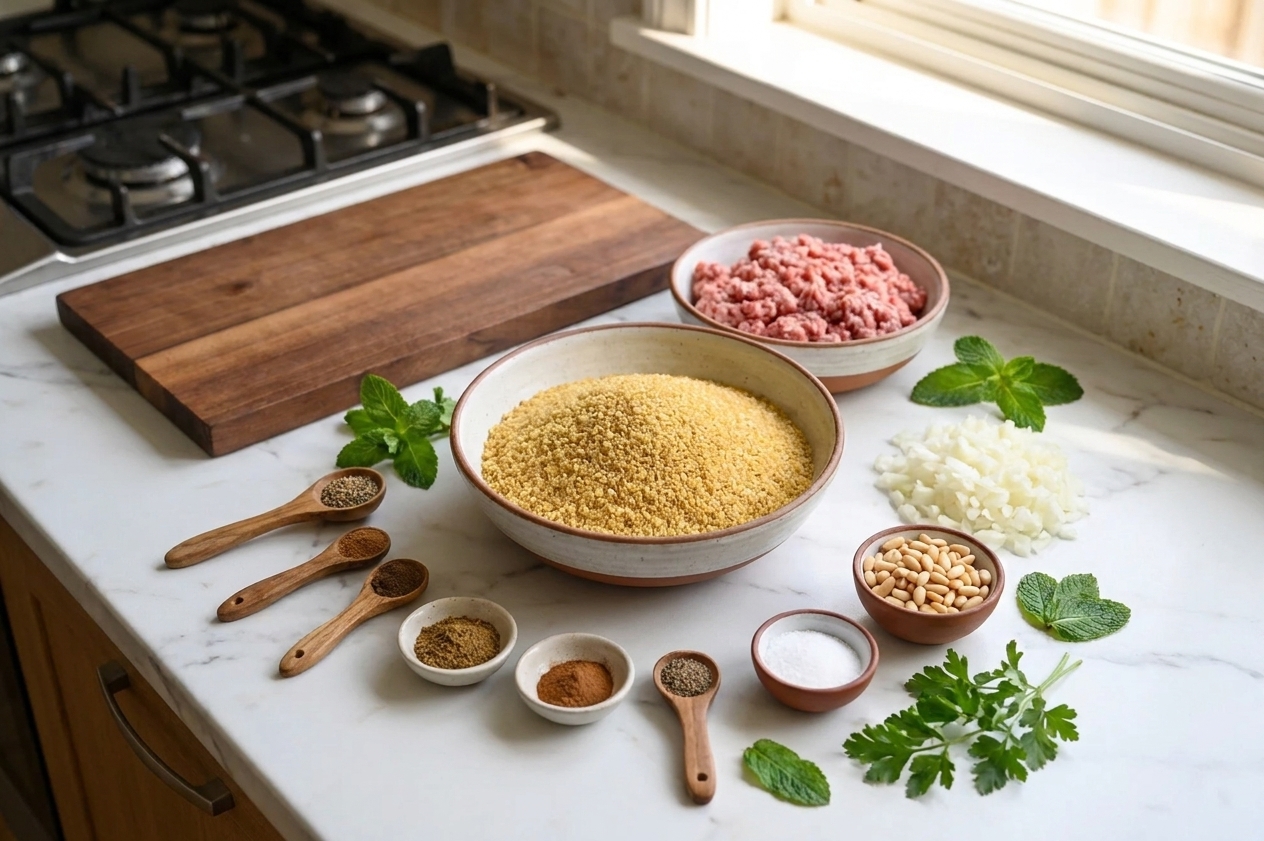 Bulgur wheat, ground lamb or beef, onions, pine nuts, spices, and fresh herbs arranged on a bright kitchen counter with small bowls and measuring spoons