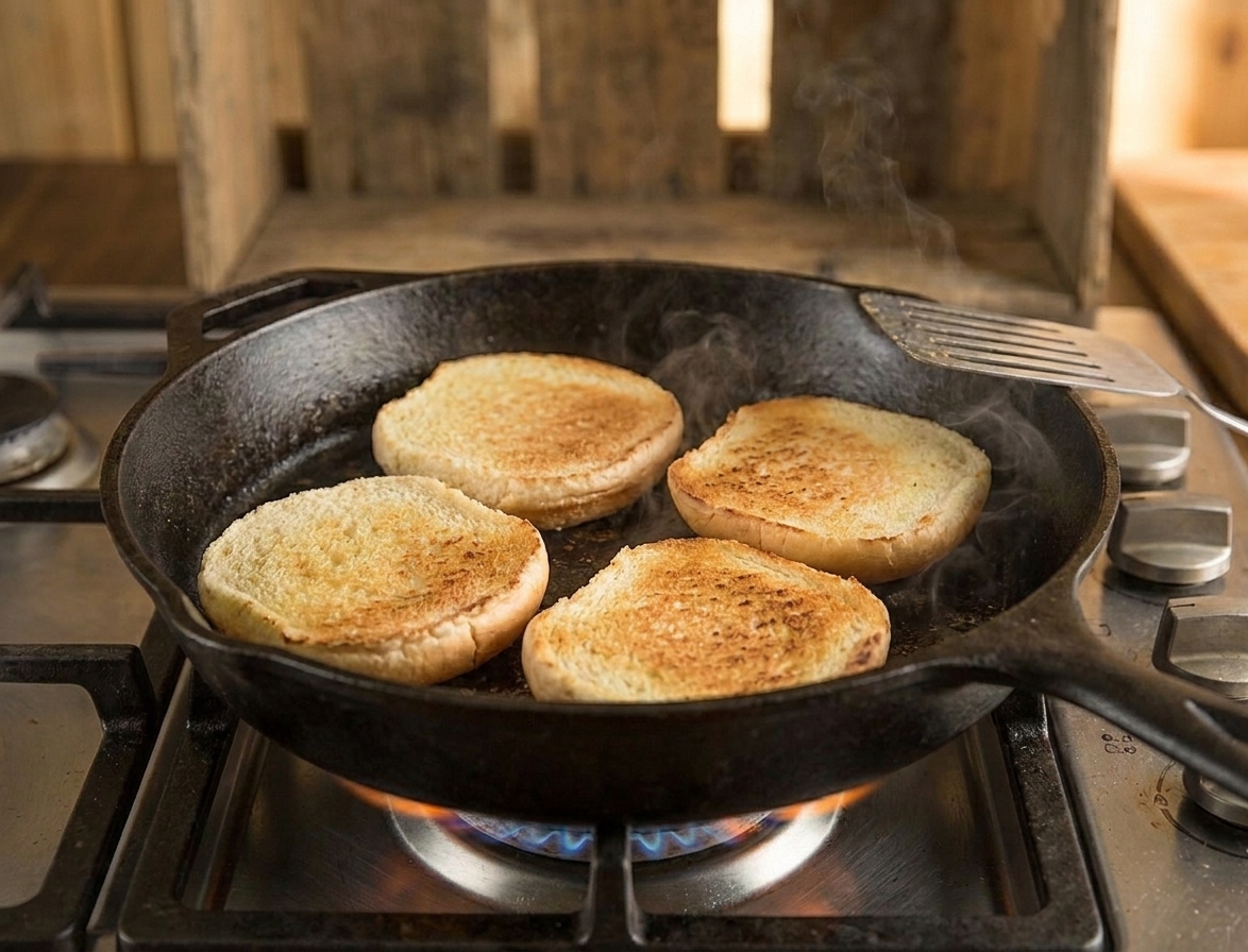 Burger buns toasting cut-side down in a skillet with light golden color, on a home stovetop