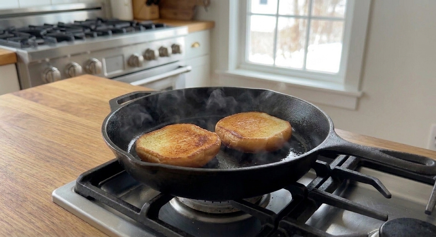 Burger buns toasting cut-side down in a skillet with light browning, on a home stove