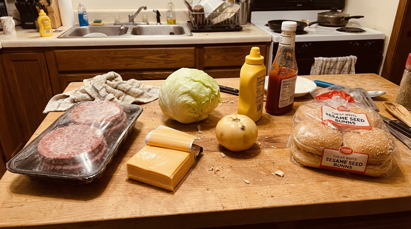 Burger ingredients arranged on a clean kitchen counter including ground beef, buns, American cheese, pickles, onion, lettuce, tomato, ketchup, mayo, mustard, and spices in small bowls