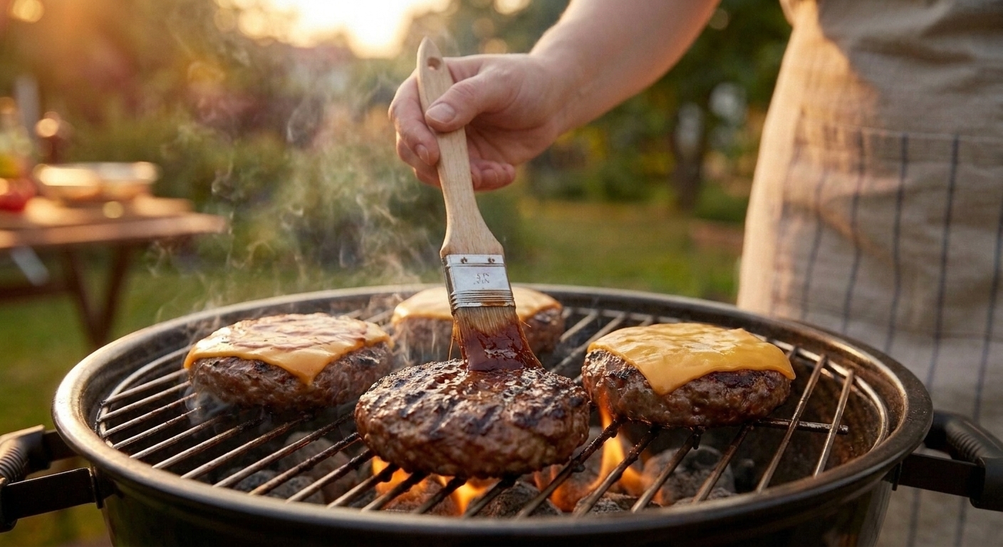 Burger patties on a grill as a hand brushes a thin layer of BBQ sauce over the browned surface, flames low and controlled