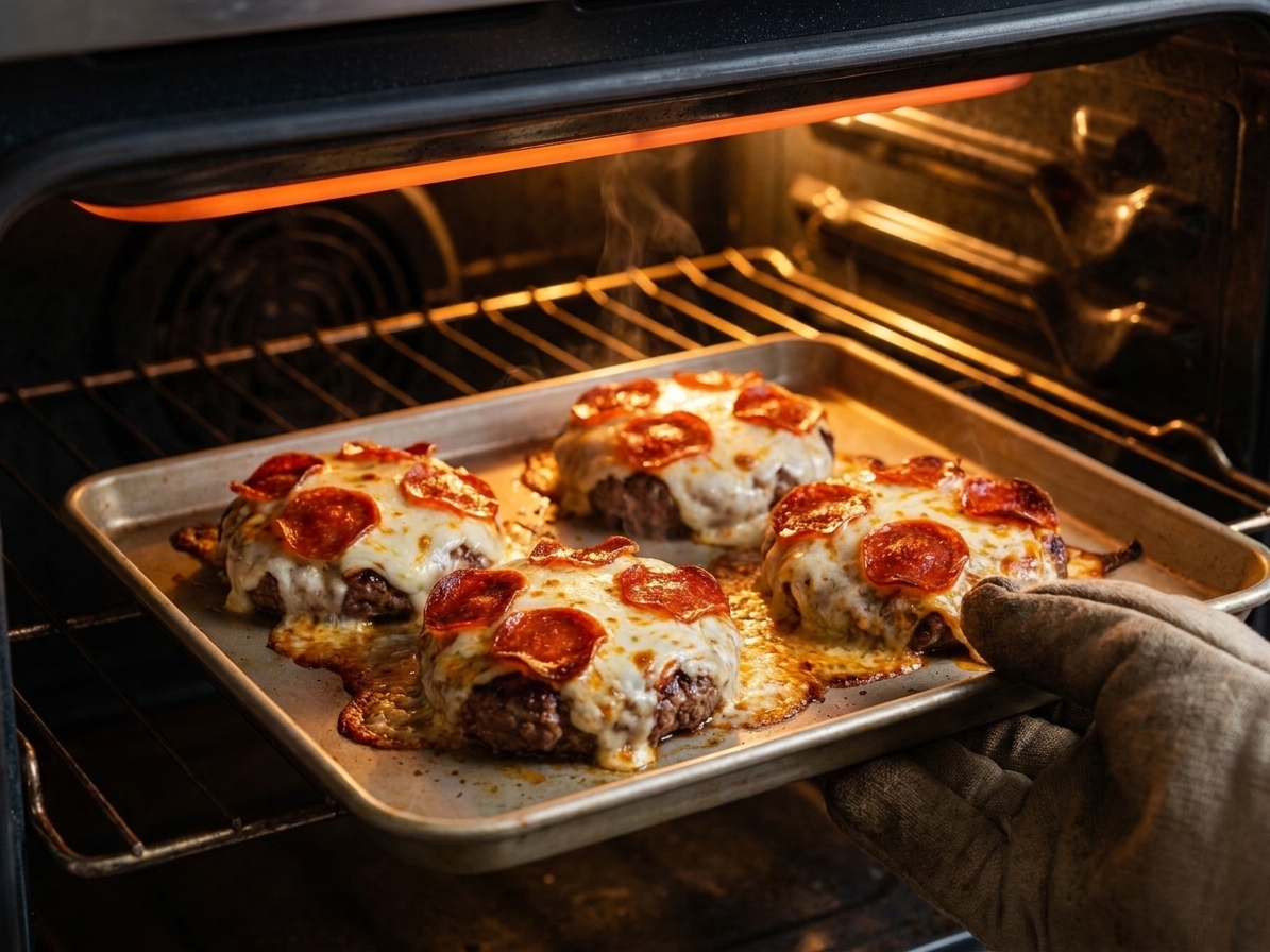 Burger patties on a sheet pan topped with melted mozzarella and pepperoni, bubbling under an oven broiler