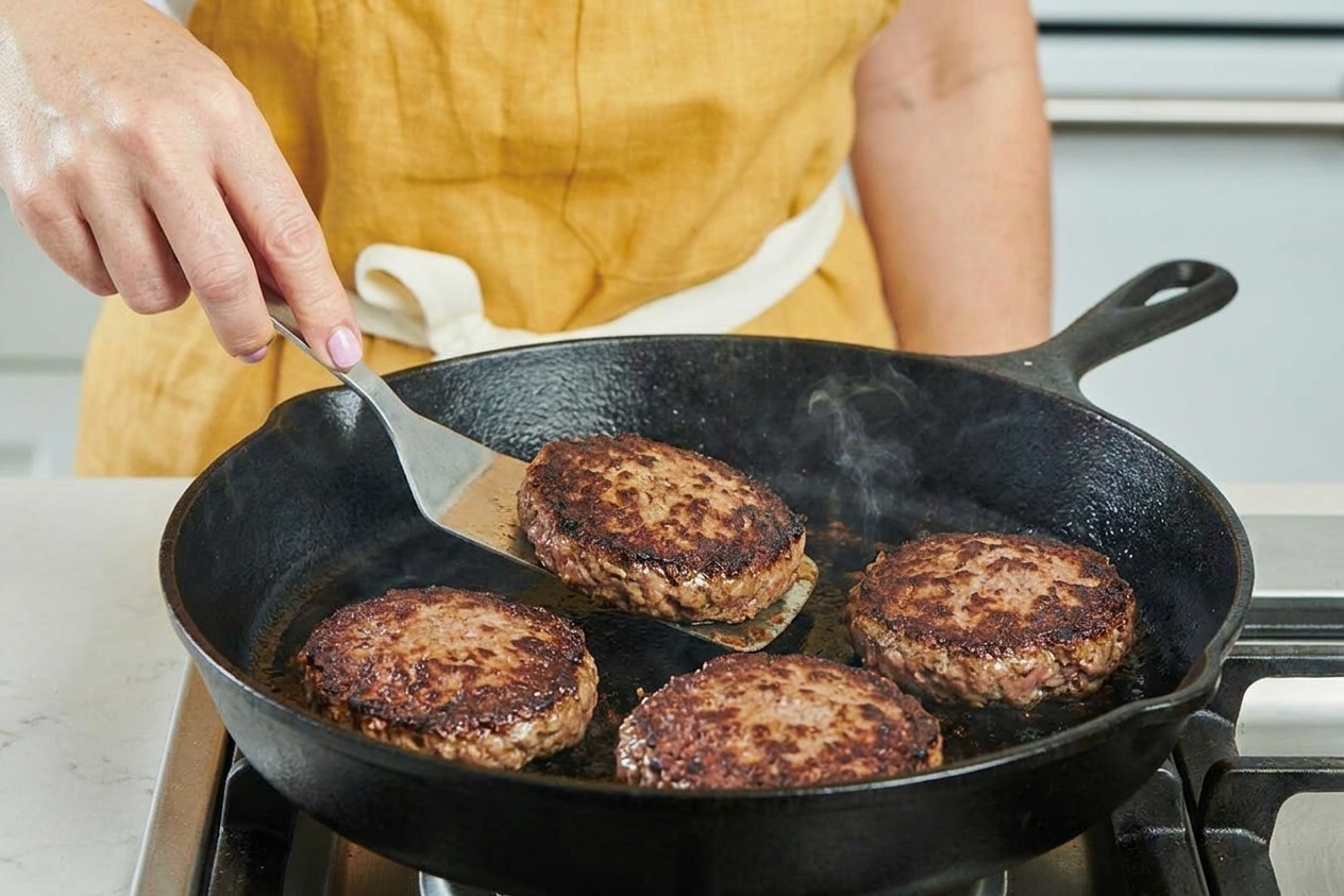 Burger patties searing in a hot cast iron skillet with browned edges and a metal spatula sliding underneath