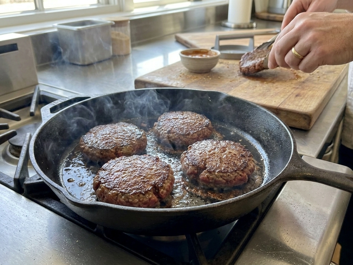 Burger patties searing in a hot cast iron skillet with browned edges forming