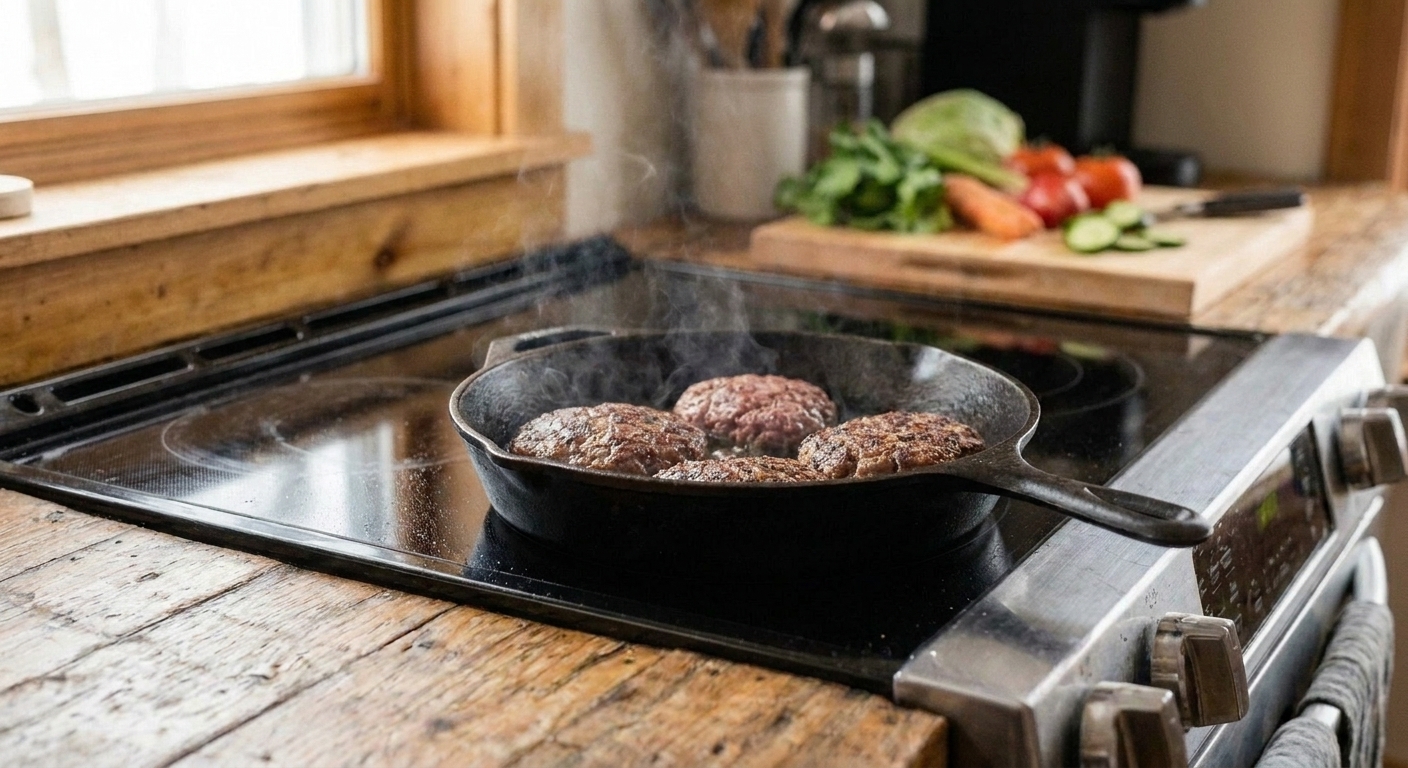 Burger patties searing in a hot skillet with visible browning around the edges