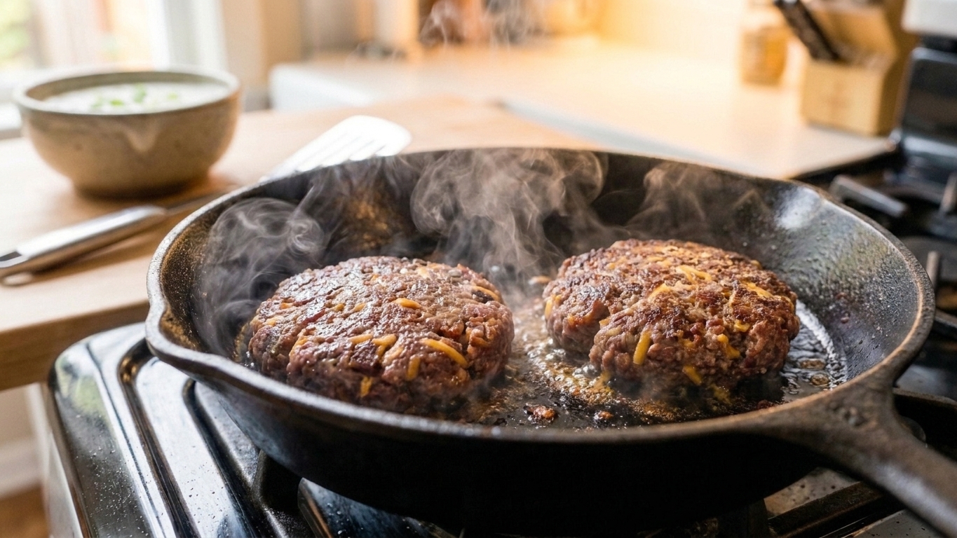 Burger patties sizzling in a cast iron skillet with browned edges forming, light kitchen steam rising under warm overhead lighting