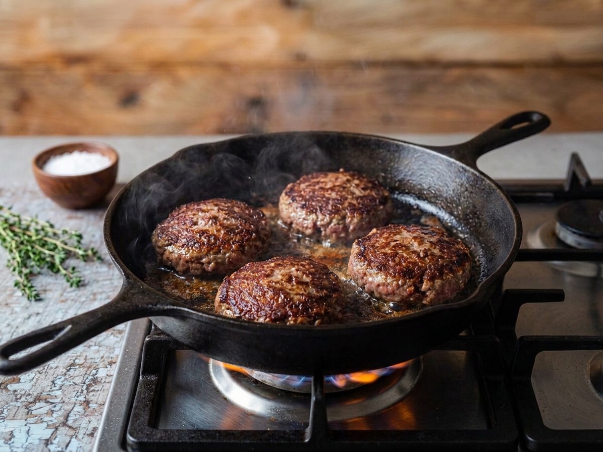Burger patties sizzling in a cast iron skillet with browned crust forming, seen from above on a stovetop