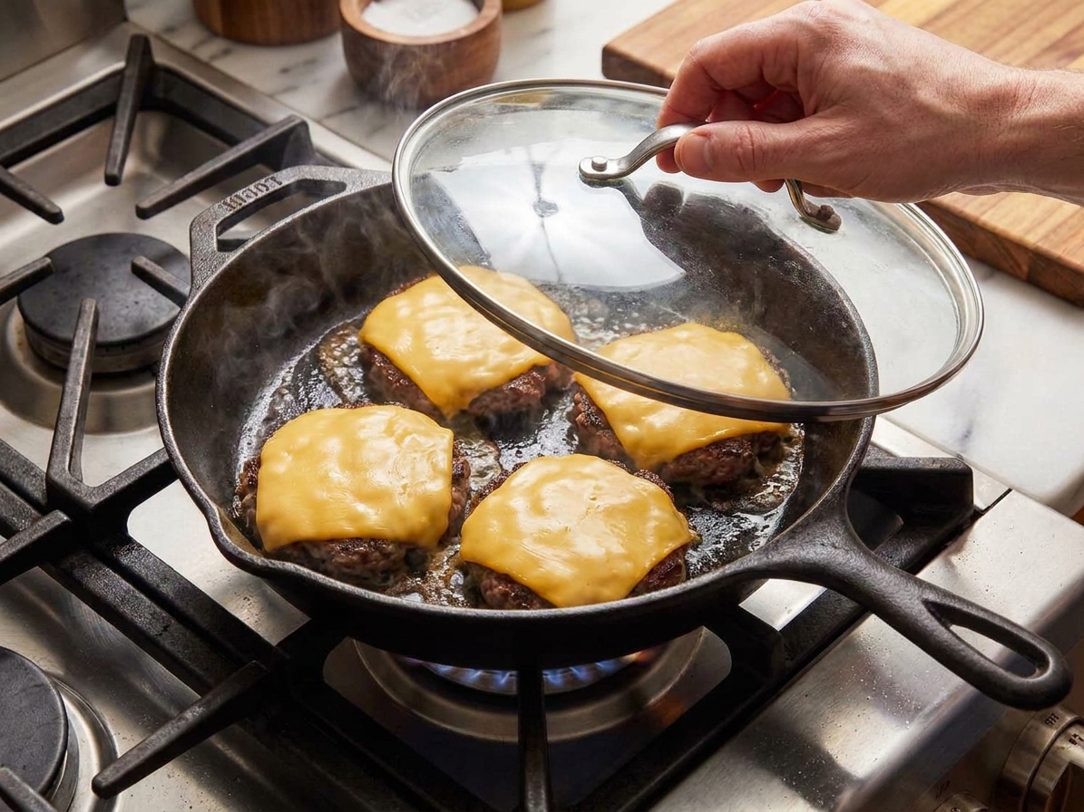 Burger patties topped with American cheese melting under a covered skillet on a stovetop
